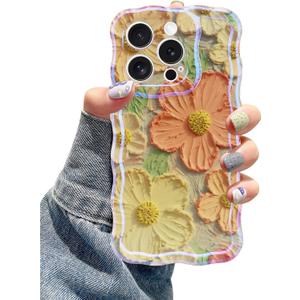 Jusy Compatible with iPhone 11 Pro Max, Colorful Retro Oil Painting Printed Flower Laser Glossy Pattern Cute Curly Wave Phone Case Soft TPU Cover for Girly Women - Orange Yellow