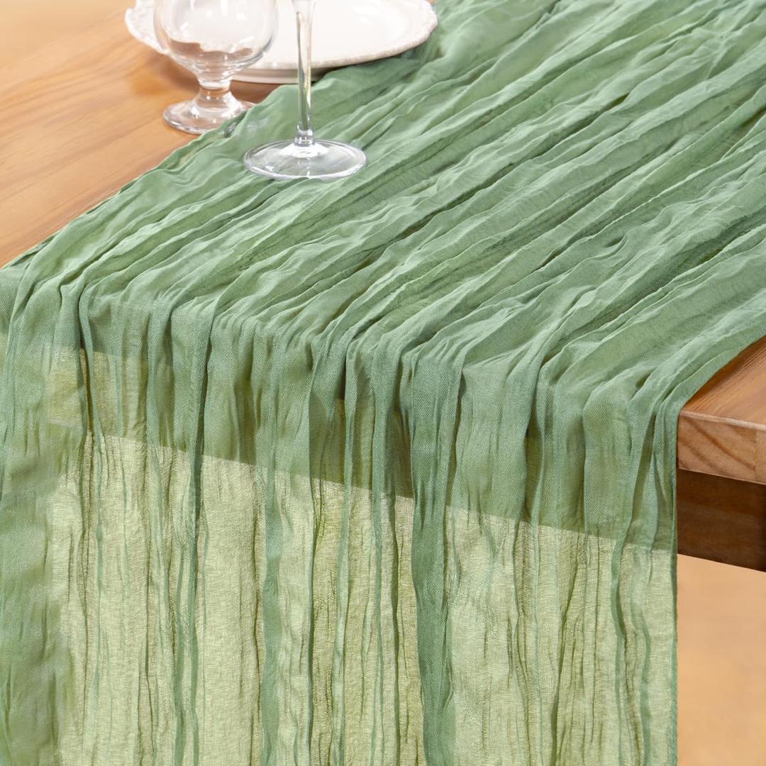 DeZerlor Sage Green Cheesecloth Table Runner Summer Table Runner Boho Gauze 120 Inches Cheese Cloth Table Decor for Wedding Bridal Baby Shower Parties