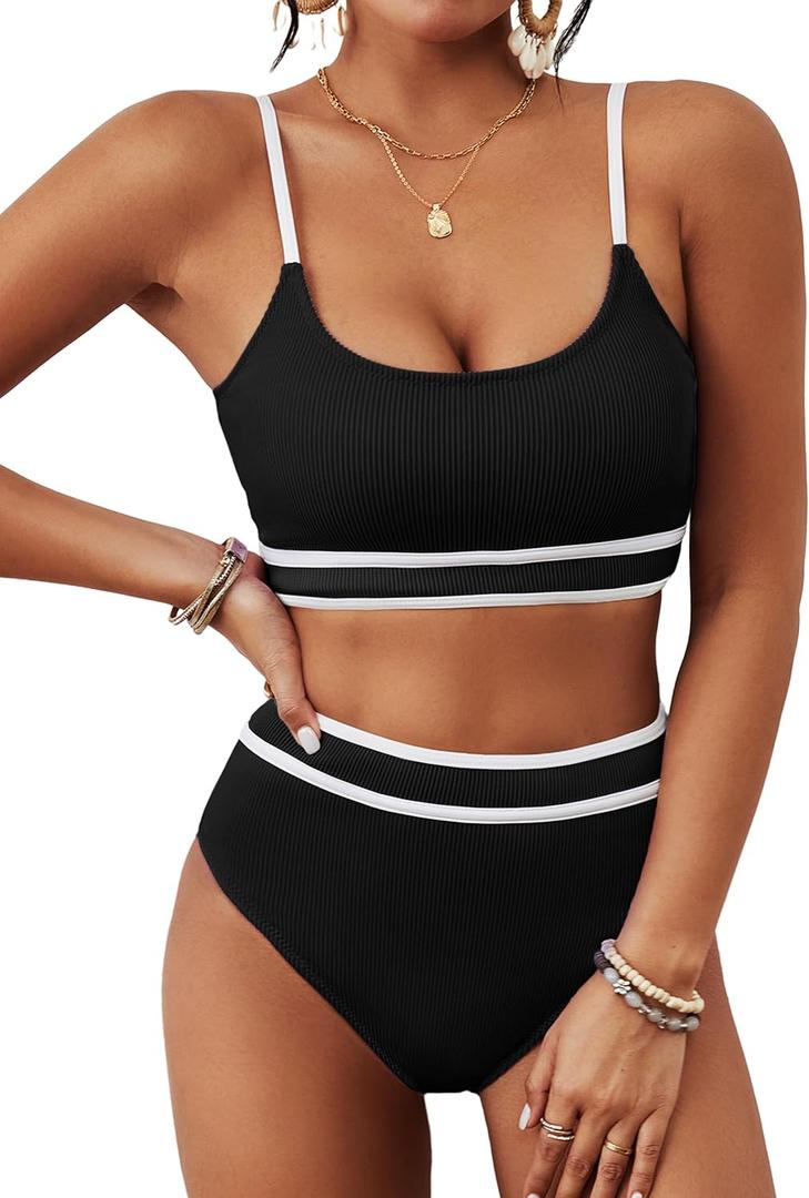 BMJL Women's High Waisted Bikini Ribbed Two Piece Swimsuit High Cut Color Block Adjustable Straps Bathing Suit (Large, Black043)
