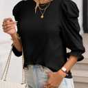 Tankaneo Womens 3/4 Length Sleeve Tops Dressy Casual Blouse Puff Sleeve Cute Trendy T Shirts with Smocked Cuffs (Black)