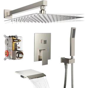 Shower System Rain Shower Faucet Set with Tub Spout,10 inch Bathroom Wall Mounted Waterfall Bathtub Faucet with Handheld Spray and Rough-in Valve Body and Trim kit,Brushed Nickel