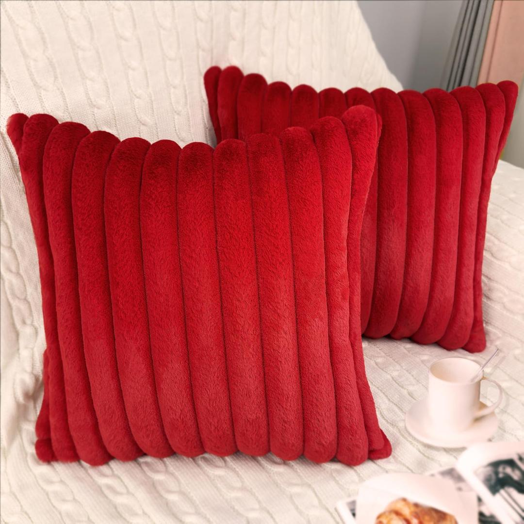 2 Pack Pillow Covers, 20x20 Faux Fur Square Throw Pillow Covers for Living Room Decorations Throw Pillow Case, Throw Pillow Cover Cushion Cover for Home Sofa Bedroom Car, Red