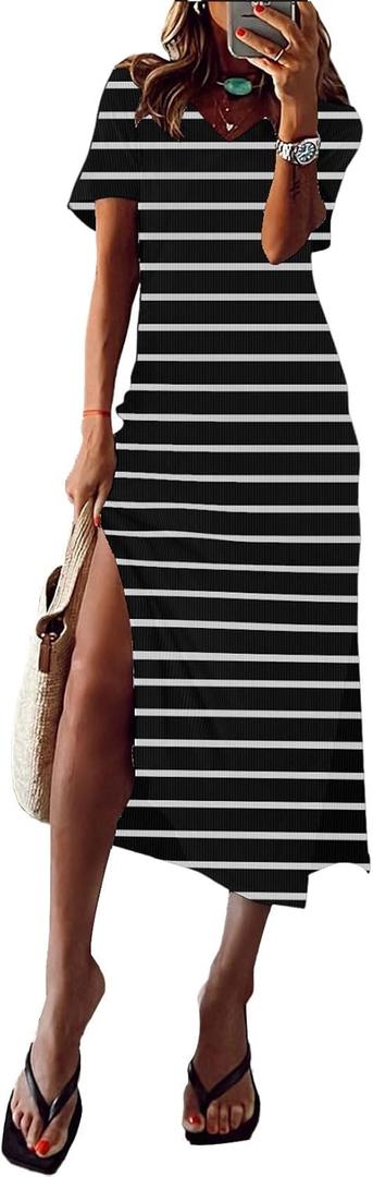 MARZXIN Women 2026 Casual Maxi Dress Short Sleeve V Neck Stripe Sundress Split Loose Long Summer Tshirt Activewear Dress (Medium, New-black Ribbed Stripe)