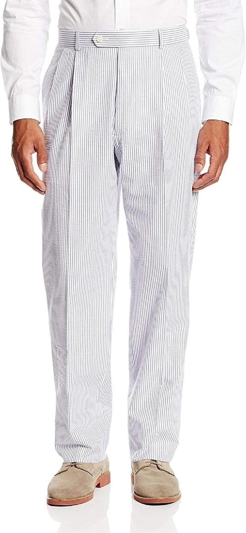 Mens Regular Fit Combed Cotton Double Reverse Pleated Pants (Blue/White, 48 Regular)