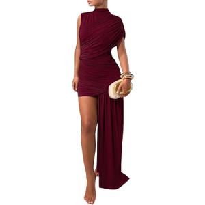 Kwunbwa Women's Sleeveless Ruched Maxi Dress Sexy Irregular Bodycon Casual Elegant Club Party Cocktail Long Dresses (Medium, Wine)