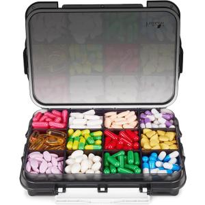 Fullicon Daily Travel Moisture Proof Pill Case with 12 Extra Large Compartment, Pill Organizer with 3 Secured Buckles, Large Supplement Box for Vitamin with Removable Dividers (Black)