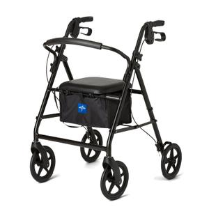 Medline Aluminum Rollator Walker, Burgundy, 300 lb. Weight Capacity, 8” Wheels, Adjustable Height Handle, Padded Seat & Backrest, Rolling Walker for Seniors and Mobility Impaired, Black