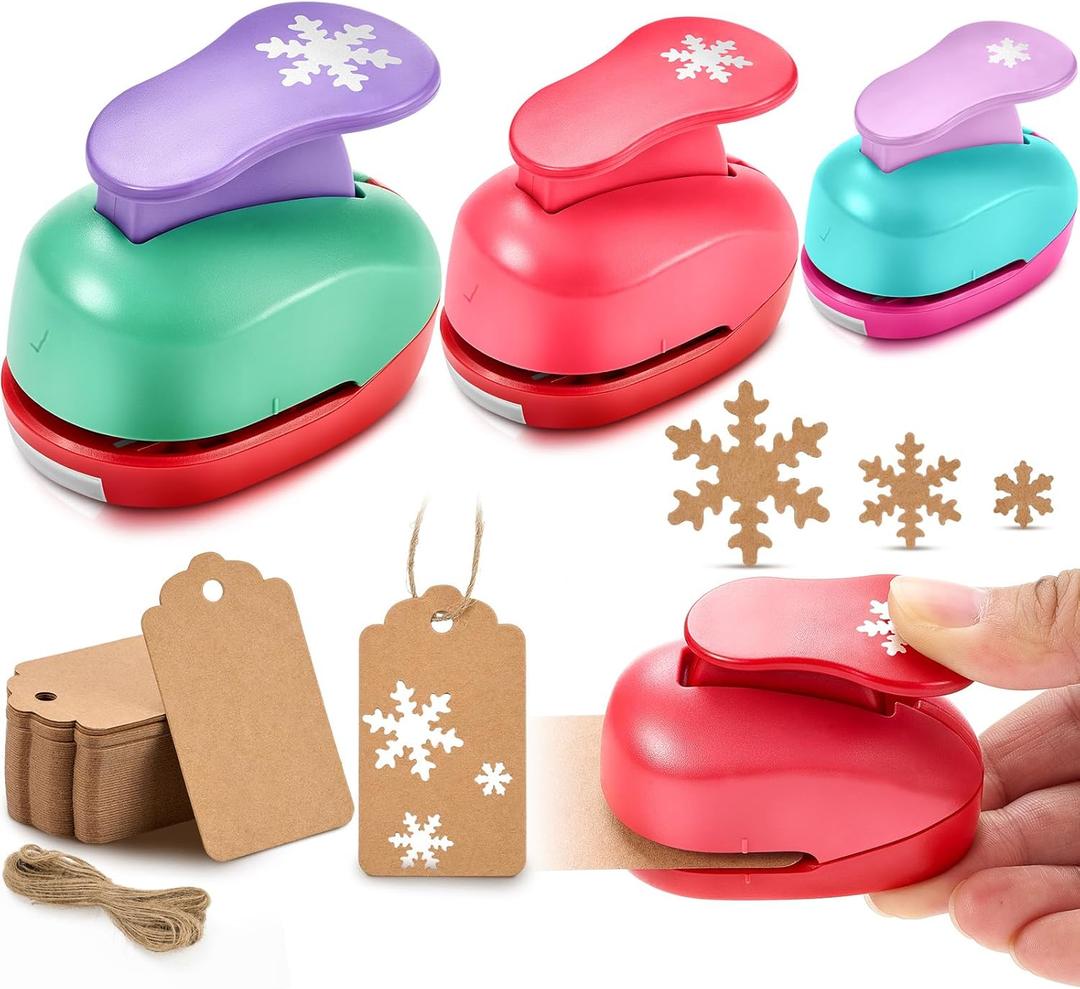 Fullhawl 53 Pcs Snowflake Paper Punch Set Include 3 Pcs Snowflake Punch 50 Pcs Kraft Paper Gift Tags with 10 Meter String Tag for Paper Crafts Christmas Festival Card Scrapbook DIY