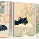 3Pcs Funny Japanese Bathroom Cat Wall Art Cute Animal Painting Picture Wall Decor Cats Lovers Prints Poster Print Artwork for Bathroom Toilet Home Decoration Framed (16"L x 12"W, Canvas)