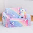 Toddler Baby Chair Couch Sofa for Kids Foldable 2-in-1 Fold Out Couch Bed Toddler Chairs Comfy for Boys & Girls Convertible Kids Furniture lounge chairs for Playroom with Double Pockets, Glowing Pink