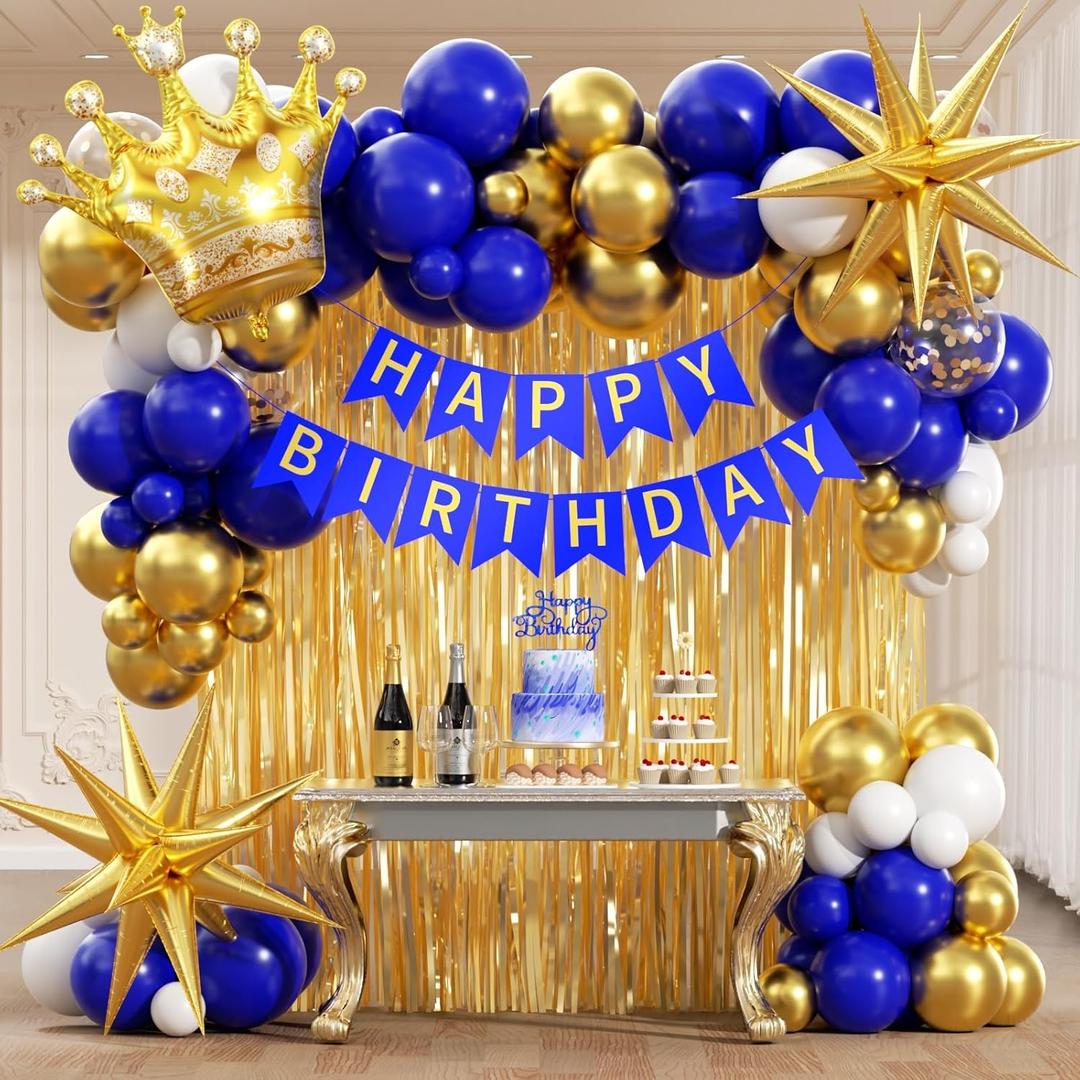 Royal Blue Gold Birthday Decorations for Men with Metallic Gold Royal Blue and White Balloons Banner Fringe Curtain for 16th 18th 21st 24th 32th 40th 50th 60th Men Birthday Decorations