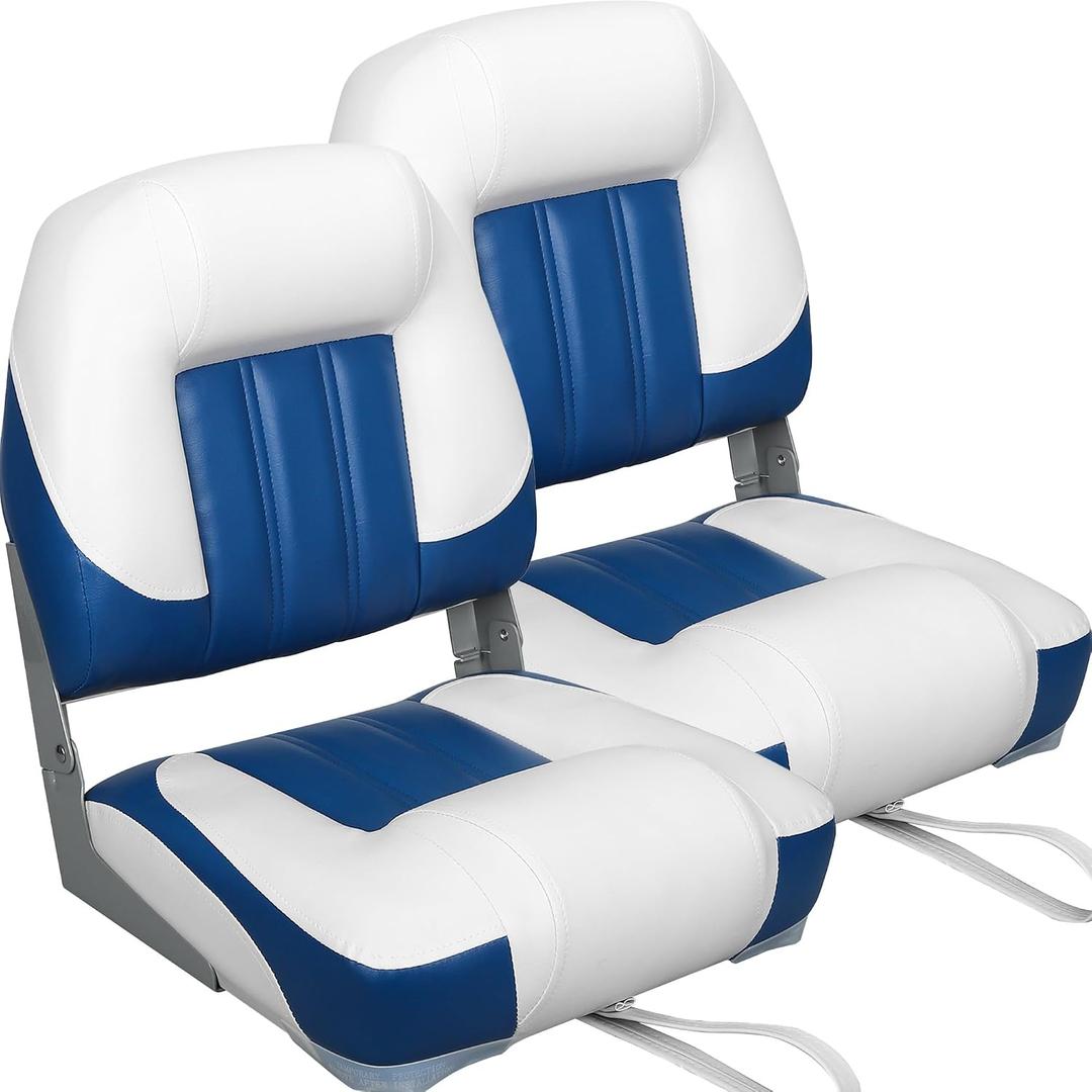 ERGOSEAT Elite Folding Boat Seat Low Back Boat Seating Fold-Down Fishing Boat Seat, 2 Pack, White/Blue