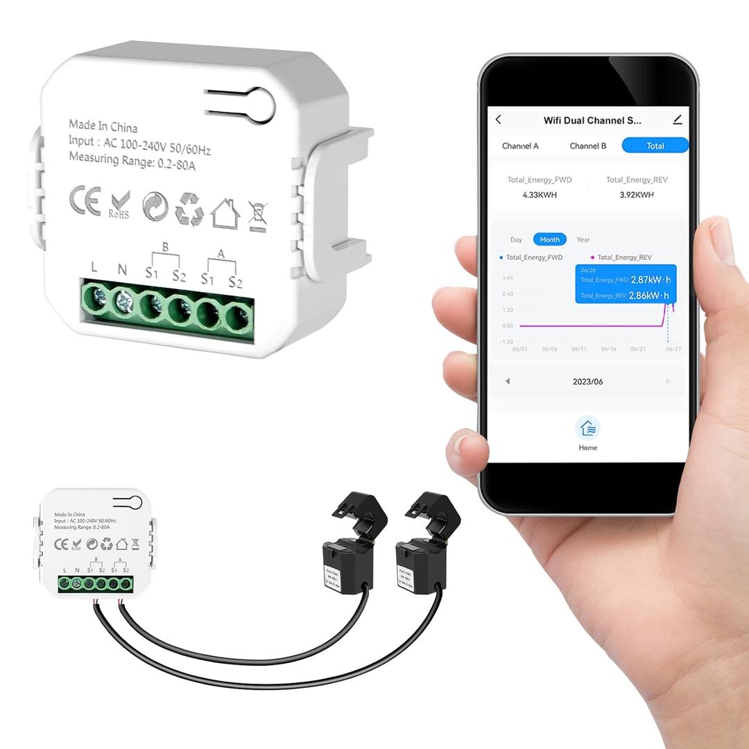 Smart Home Energy Monitor 2×80A, Dual-Channel Real-Time Electricity Usage Monitoring for Household Power, WiFi Energy Meter with App Control, Compatible with Tuya/Smart Life