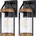 2-Pack Outdoor Light Fixtures, Waterproof Modern Exterior Wall Lantern Porch Lights, Black Wall Sconce with Clear Ribbed Glass, Outside Light with Wood Texture for House, Bulbs Not Included