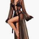 Women’s Sexy Flared Sleeves Lingerie Long Mesh Kimono Robe Lace Dressing Gown Bathrobe Cardigan Swimsuit Cover Up