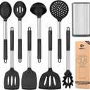 Silicone Cooking Utensil Set, 8Pcs Non-stick Cookware with Stainless Steel Handle, BPA Free Heat Resistant Kitchen Tools with Spatulas, Turners, Spoons, Skimmer and Pasta Fork