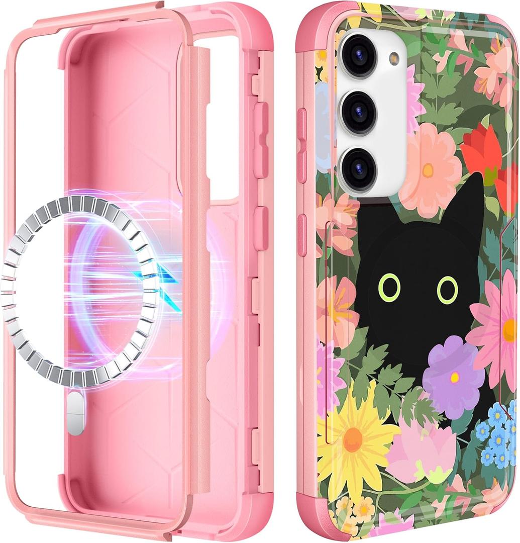 for Samsung Galaxy S24 Plus/S25 Plus Case - [Compatible with MagSafe] Women Girls Cute Magnetic Phone Cover Cat Flower Fashion Heavy Duty Shockproof Funda for Samsung S25+ Plus/S24+ Plus Cases