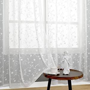 BGment White Sheer Curtains 63 inches Length 2 Panels, Embroidered Flower Pattern Semi Sheer Voile Drapes Light Filtering Privacy Grommet Faux Linen Window Drapes for Bedroom, 52 x 63 Inch