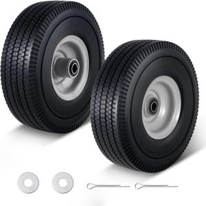 4.10/3.50-4 Tire and Wheel Flat Free, 10x3.50-4''Solid PU Run-Flat Rubber Wheel with 5/8''Axle Bore Hole&2.2''Offset Hub for Hand Truck Wagon Garden Cart Dolly Wheelbarrow Replacement 2Pack