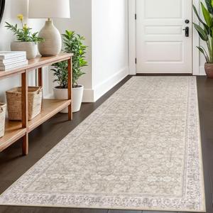 3x8 Washable Runner Rug for Kitchen, Cream Beige Yellow White Grey Soft Classic Runner with Non-Slip, Non-Shedding Distressed Floral Rug for Hallways Entryway Bedroom Laundry Indoor