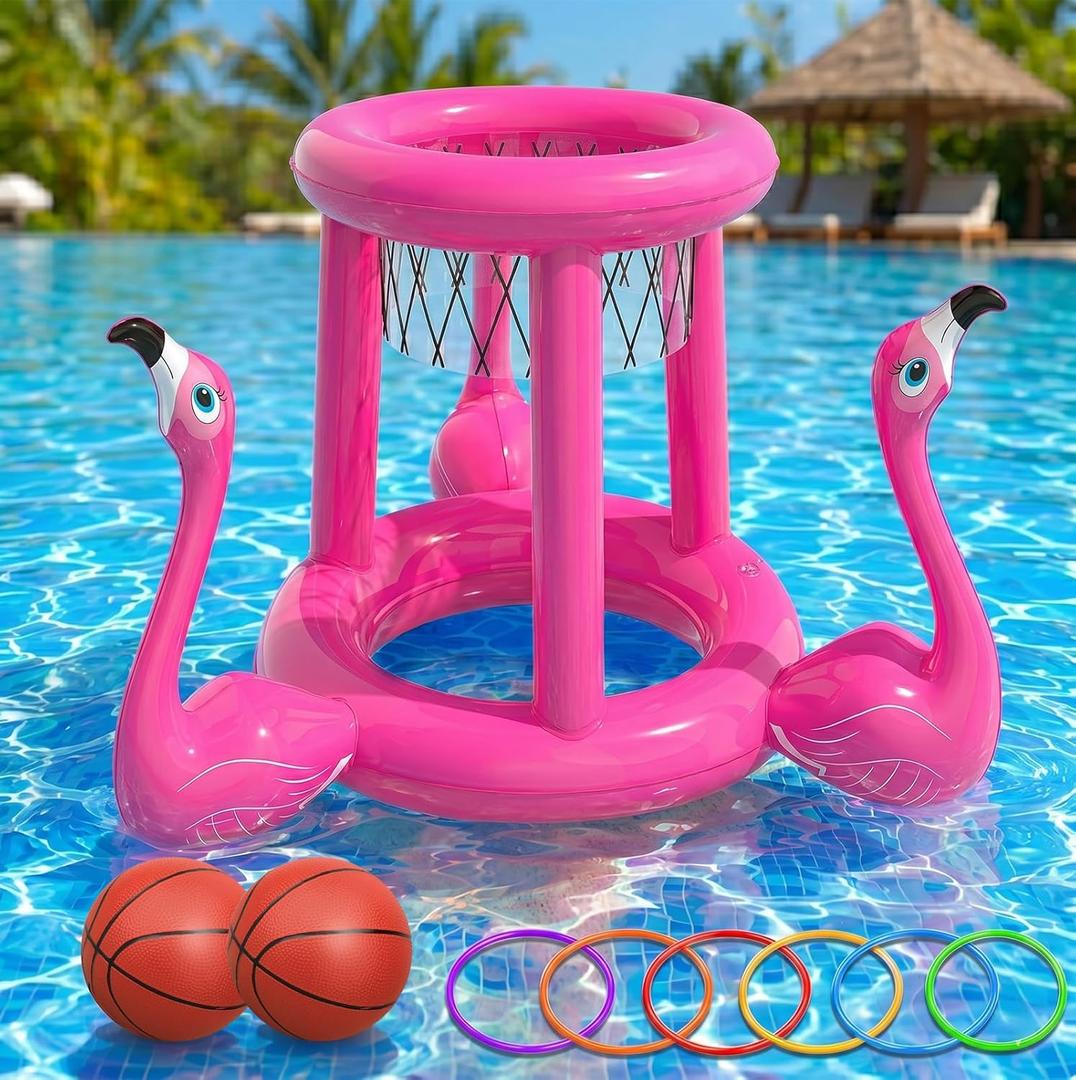 H-Style Pool Toys Pool Floats Pool Games for Kids Adult, Inflatable Pool Basketball Hoop & Ring Toss Game, 2-in-1 Pool Floating Outdoor Party Water Toy for Adults Family Kids Ages 4-8-12 (Pink)