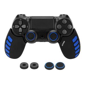Controller Silicone Case Grip Set for PS4 - Rubber Protector Handle with 2X Joystick Thumb Caps and 2X Analog Precision Rings - Compatible with PS4/Slim/Pro - Blue Stripe