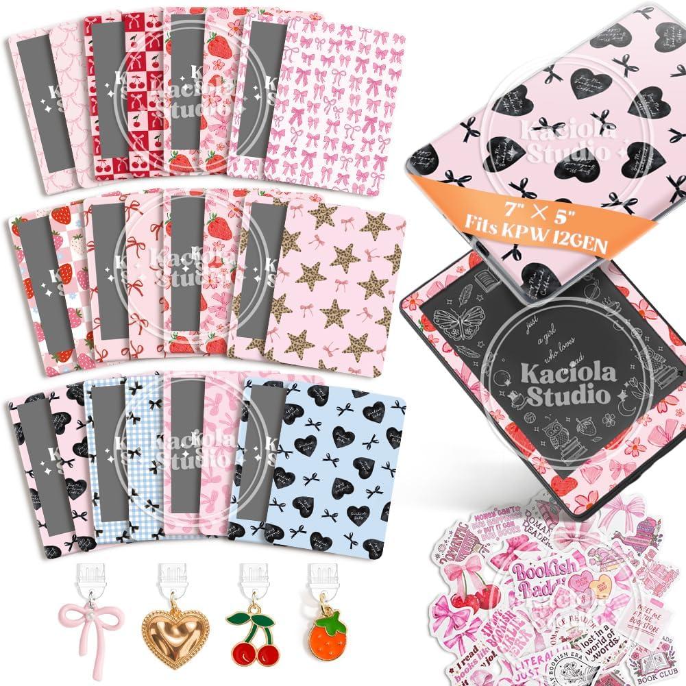 24PCS Pink Bow Skin for E-Reader, and 4PCS Type C Charms for E-Reader with Scrapbook Stickers, 7"x5" Skin Front and Back Decal Inserts for Paper White 12th (Pink Bow)