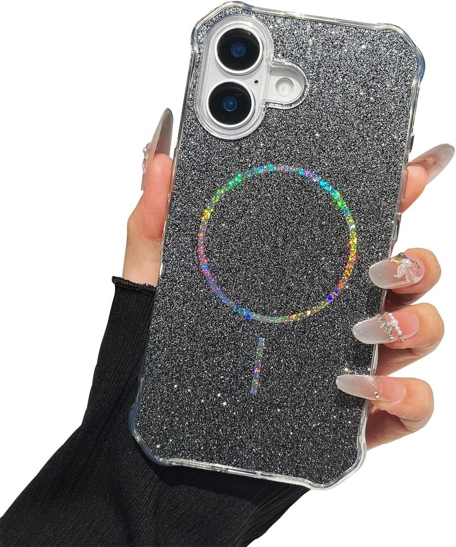 TEECOVER for iPhone 16 Case 6.1-Inch, [Clear Wavy Border][Sparkly Glitters][Fit for MagSafe] Shockproof Cute Slim Fit Magnetic Phone Case for Women & Girls - Black