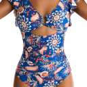 Women's One Piece Swimsuits Tummy Control Ruffle Bathing Suit Cutout Slimming Swim Suit V Neck Ring Linked Swimwear (Blue, XL)