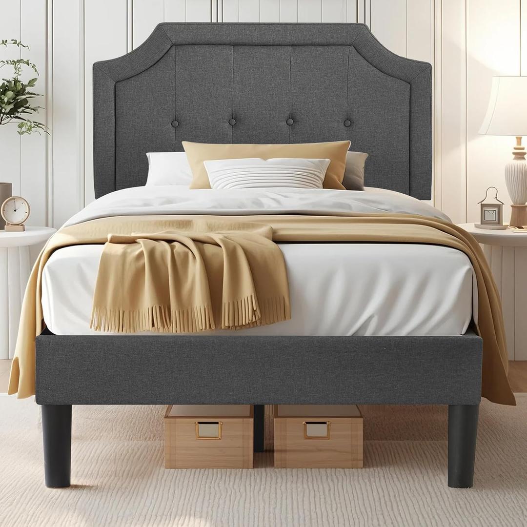 VECELO Twin Size Platform Bed Frame with Fabric Upholstered Headboard and Wooden Slats Support, No Box Spring Needed/Easy Assembly, Grey