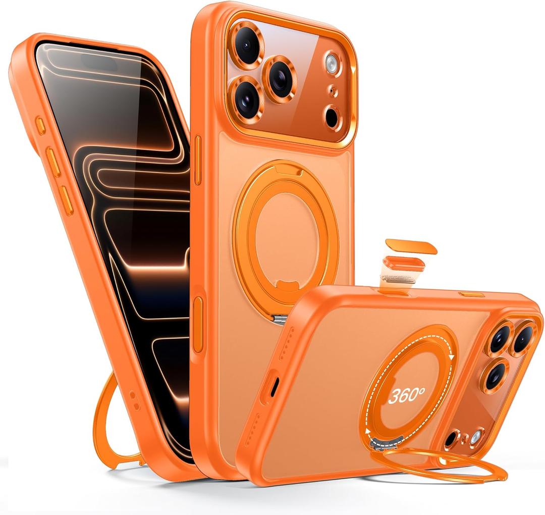 Magnetic for iPhone 17 Pro Max Case Camera Control Button with Stand [Compatible with MagSafe] [360 Rotatable Ring Holder Kickstand] [Military Grade Protection] 17 ProMax Phone Case, Orange