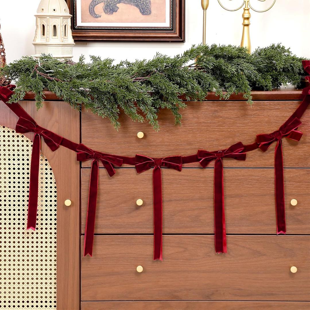 Giegxin 2 Pcs 13.2ft Christmas Velvet Bow Garland Ribbon Bow Garland Banner Bows Velvet Christmas Ornaments Reusable Vintage Bows Decoration for Xmas Tree Fireplace Staircase (Burgundy)