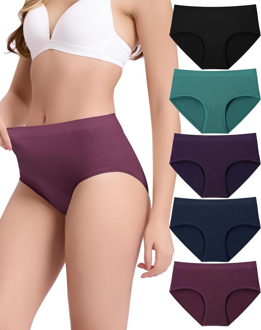 BAMBOO COOL Women's Underwear Ladies Brief Seamless Panties Moisture Wicking Stretchy Full Coverage (X-Large, Multicolor-5pack-high Waist-c)