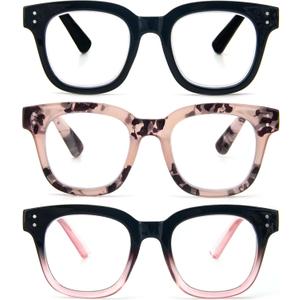 REAVEE 3 Pack Retro Oversized Reading Glasses for Women Blue Light Blocking Cute Square Computer Readers Spring Hinge (Black/Pink Leopard/Black Pink)