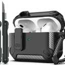 RFUNGUANGO for AirPods Pro Case Cover with Cleaner Kit, Military Hard Shell Protective Armor with Lock for AirPod Pro Charging Case, Front LED Visible,Black