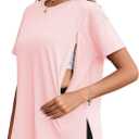 Ecavus Women's Oversized Nursing Shirts for Breastfeeding with Hidden Zipper Short Sleeves Side Splits Maternity Tops (X-Large, Pink)