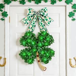 St Patricks Day Shamrock Hanging Decor with Green LED Lights, Irish Clover Lighted Wall Door Decoration for Home Indoor Festival Decor (Green)