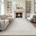 GENIMO 9x12 Area Rugs for Living Room, Non Slip Machine Washable Vintage Rugs, Low Pile Lightweight Chenille Print Large Rug for Bedroom, Dining Room, Home Office, Beige Line