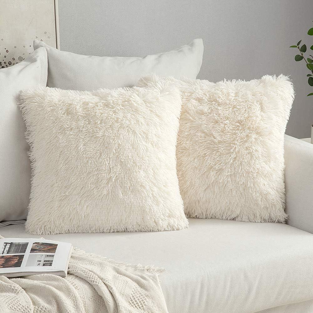 MIULEE Pack of 2 Luxury Faux Fur Throw Pillow Cover Deluxe Spring Decorative Plush Pillow Case Cushion Cover Shell for Sofa Bedroom Car 18 x 18 Inch Beige