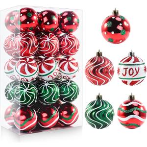 30PCS Christmas Ball Ornaments, 2.36" Red Green White Christmas Balls, Shatterproof Xmas Balls Decoration for Christma Tree, Painting & Glittering Hanging Ball for Party Event (Joy)