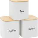 Juvale Coffee Tea Sugar Container Set - White Iron Kitchen Canister Set with Bamboo Lids (3 Pieces, 48 oz)