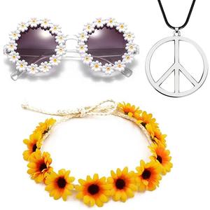 Dollger Daisy Sunglasses for Women Flower Round Fashion Rave Party Disco Fun Festival Retro Sunglasses,White Purple, Color: daisy sunglasses and Peace Necklace and Daisies