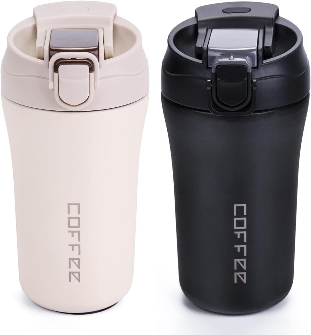 14 oz Travel Coffee Mug, 2 Pack Vacuum Insulated, Spill Proof with Lid and Straw, Reusable Tumbler for Keep Hot/Ice Coffee,Tea and Beer, Car Thermos Cup Gift for Christma