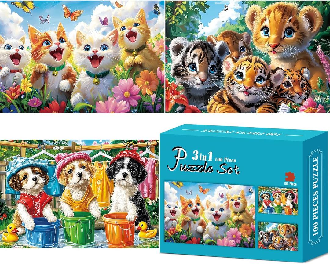 3-Pack 100 Piece Puzzles for Kids, Cute Dogs Cats Tigers Animals Puzzle for Kids Age 4-6 6-8 8-10, Unique Large Piece Jigsaw Puzzle, Recycled Paper, Bright & Colorful Educational Puzzle, Boys Girls Gift