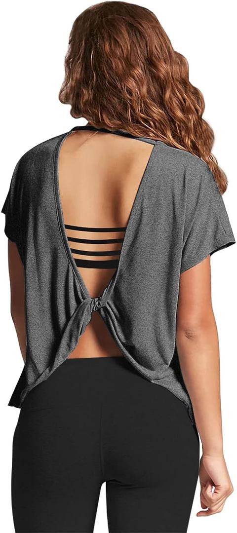 Mippo Womens Open Back Workout Tops Loose Short Sleeve Athletic Gym T Shirts (Medium)