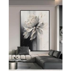 Hand Painted White And Black Flower Canvas Wall Art for Living Room,Large Framed Floral Oil Painting for Bedroom, Modern 3D Floral Artwork Wall Decor for Office Home Decor 28" x 40"