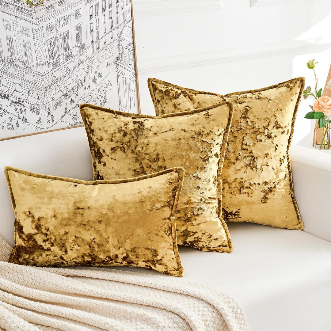 Premium Series, Crushed Velvet Throw Pillow Covers, Luxury Thick Cushion Cases for Home Decor, Gold, 18x18 Inch, Covers Only