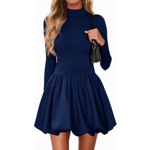 Wenrine Women Long Sleeve Bubble Mini Dress Bodycon Mock Neck Casual 2025 Cocktail Club Party Dresses (Blue)