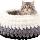 Handwoven Soft Cat Cave Bed, Indoor Cat Beds with Washable Round Nest, Kitten House & Cat Furniture, White & Gray