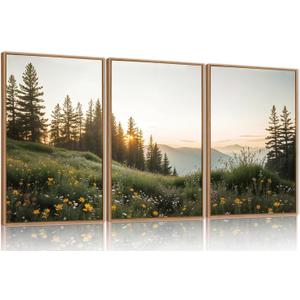 FWIEXA Mountain Canvas Wall Art Set, Framed Forest Nature Wall Decor, 3 Piece Landscape Paintings Artwork, 16x24 Inches Wildflower Pictures for Living Room, Bedroom, Office